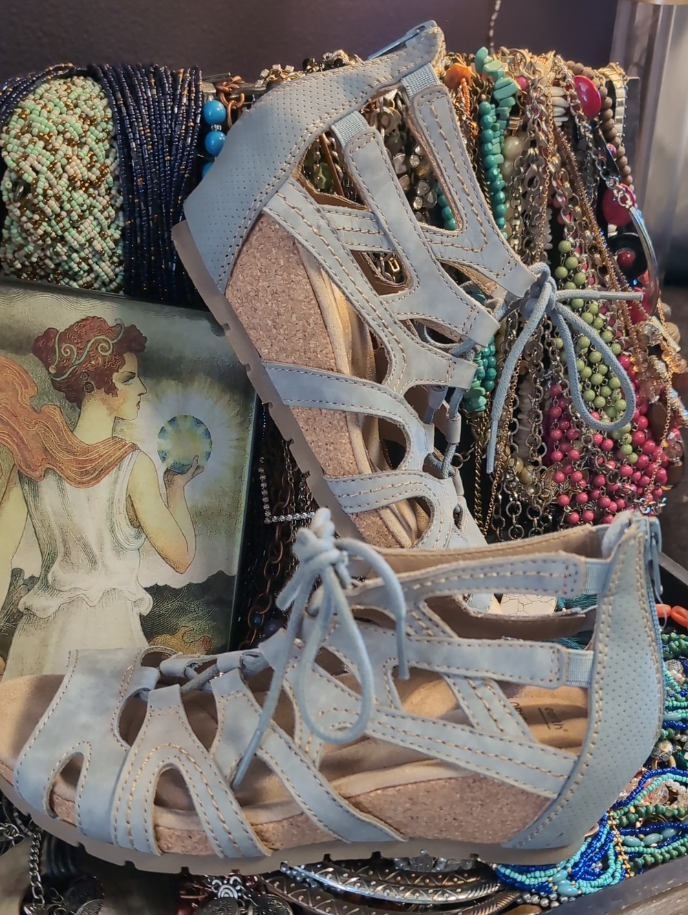 Lace-Up Leather Light Blue Gladiator Cutout Cork Wedge Sandals - Picture 5 of 12